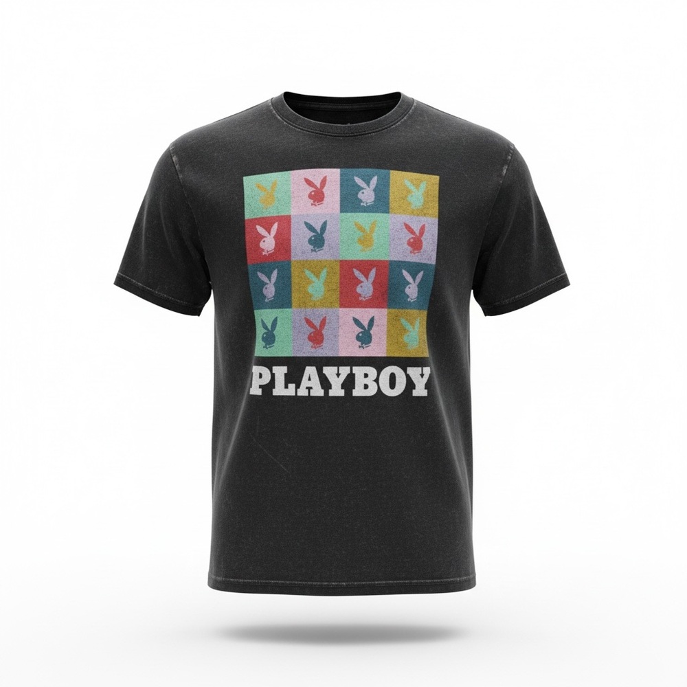 Large PLAYBOY Short Sleeve Tee - Black with Colorful Bunny Squares